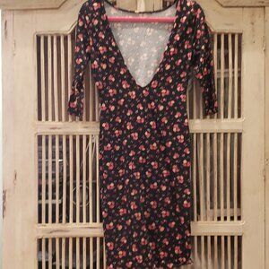 Papaya Body Hugging Black Floral Print Dress with Low Back